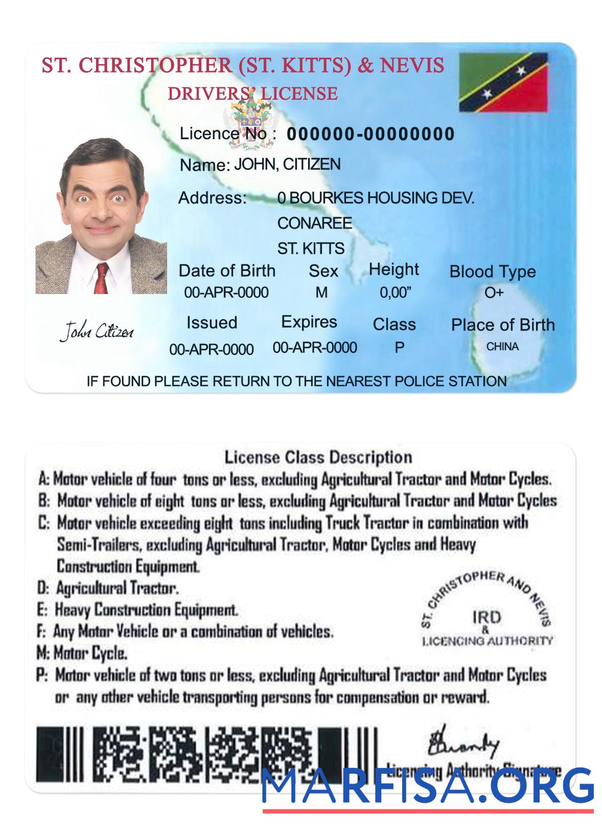 Downloadable St Kitts & Nevis driving license example